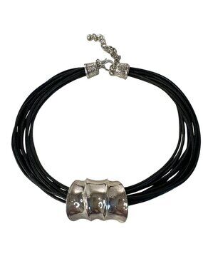 Chicos Chunky Black Multi-Strand Necklace Silver Tone Pendant Choker Career Boho